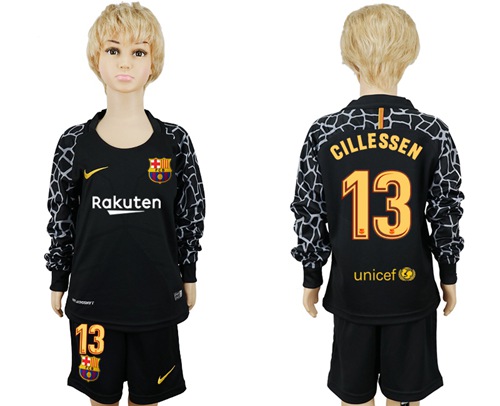 Barcelona #13 Cillessen Black Goalkeeper Long Sleeves Kid Soccer Club Jersey - Click Image to Close